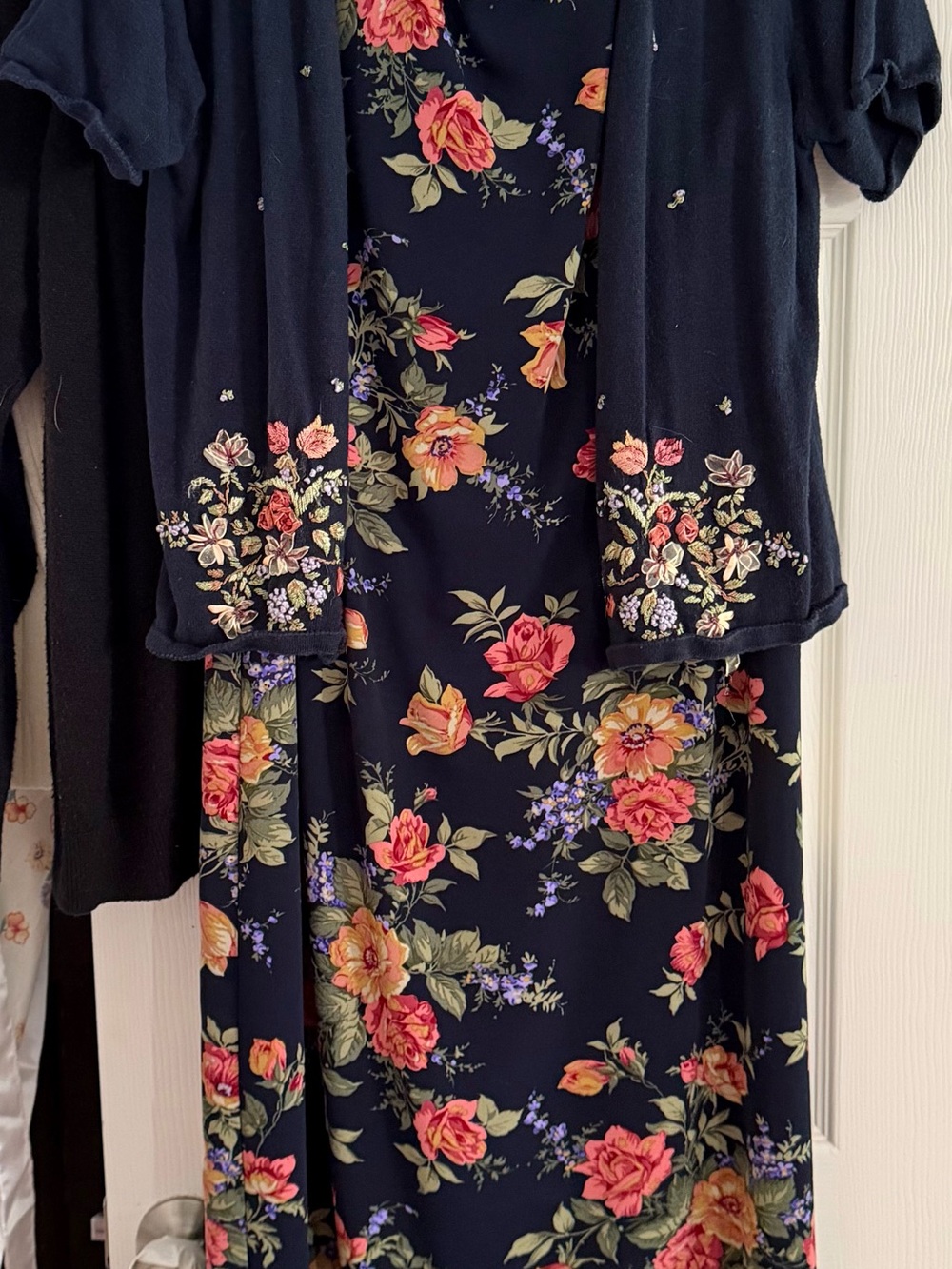 90s vintage Navy Floral Dress and Matching Navy Cardigan Set